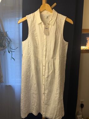 J Jill sleevesa White linen Button-Front Embroidered Midi Dress S